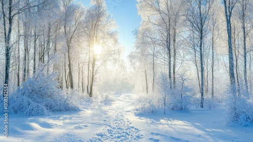 A Stunning Winter Wonderland Scene with Ice-Covered Branches and Glowing Sunshine Filtering Through a Serene Forest Landscape