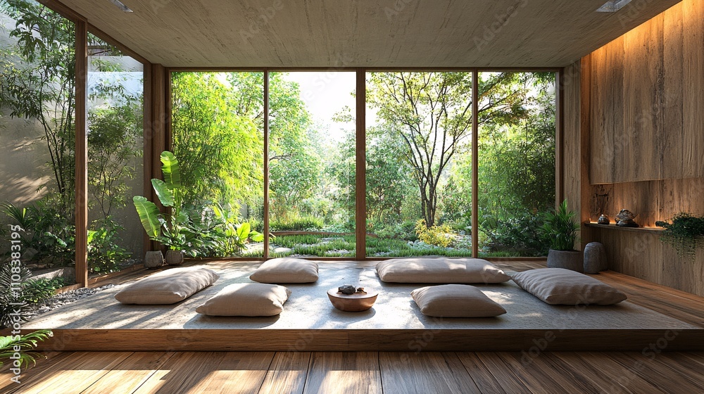 Fototapeta premium Serene Zen Room with Soft Cushions and Natural Light