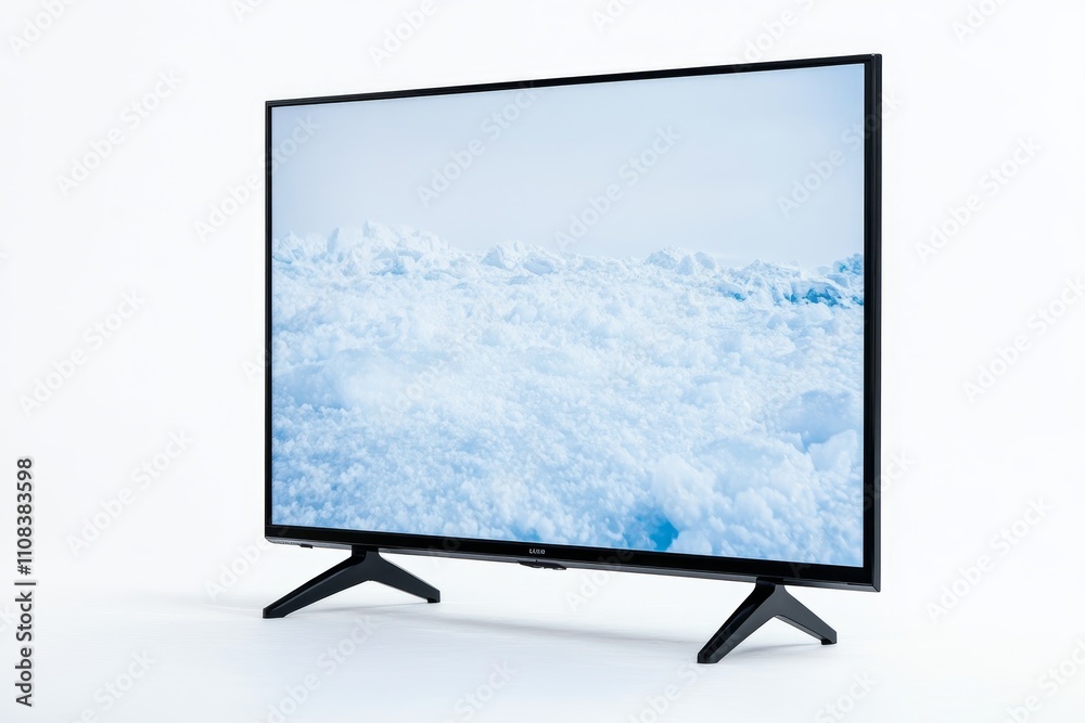 Fototapeta premium Modern flat-screen tv displaying snowy landscape on a minimalist stand