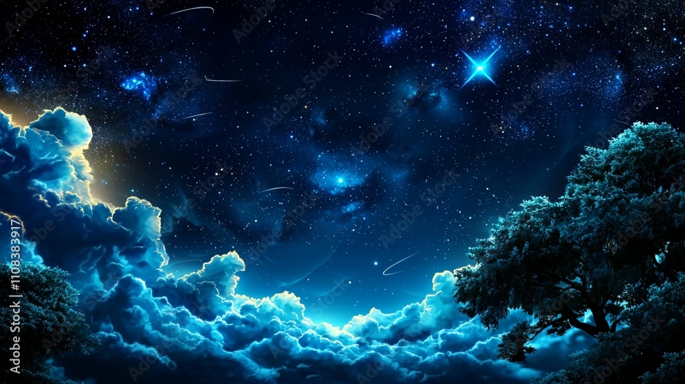 Fototapeta premium Mystical Night Sky with Stars and Cloudy Horizon Illuminated by Cosmic Light Over a Serene Landscape of Trees and Soft Clouds