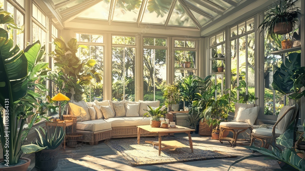 Fototapeta premium Bright and Cozy Sunroom Interior with Abundant Greenery and Natural Light Creating a Tranquil Space for Relaxation and Connection with Nature
