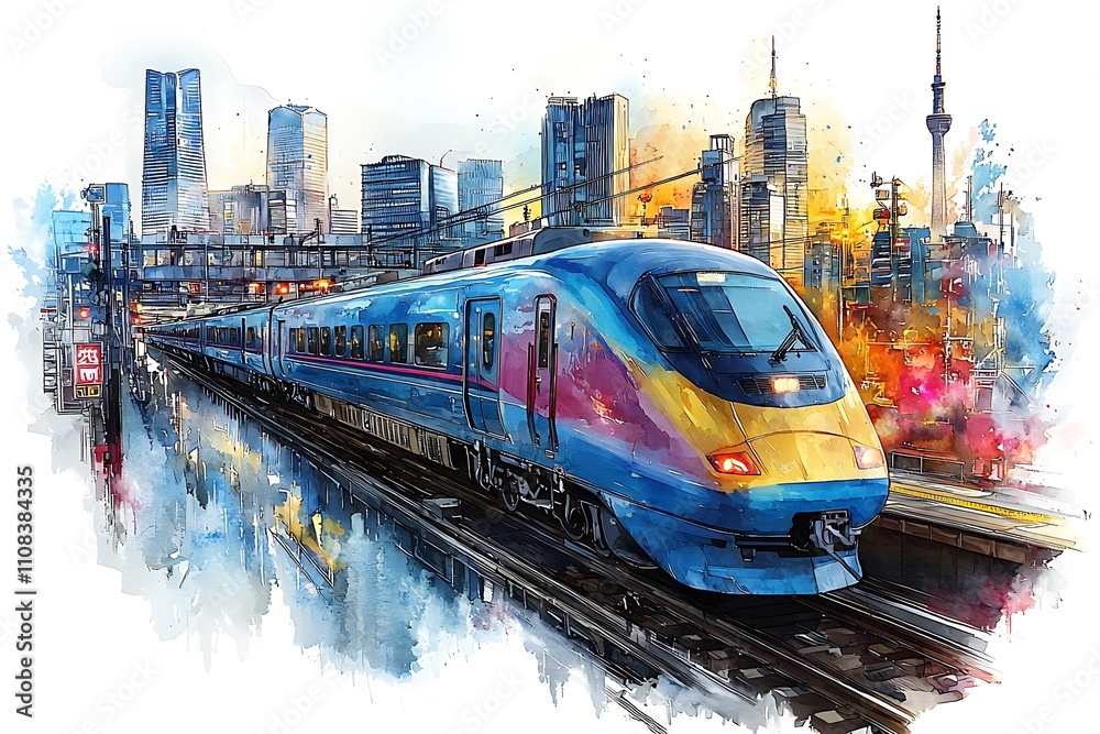 Fototapeta premium High-speed train speeding through a modern city skyline at sunrise, painted in a watercolor style.