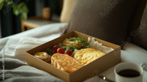 Hotel room breakfast box with omelets, toast, and coffee, luxury service, cozy bed setting, soft pillows in the background, [breakfast box], [hotel experience] photo