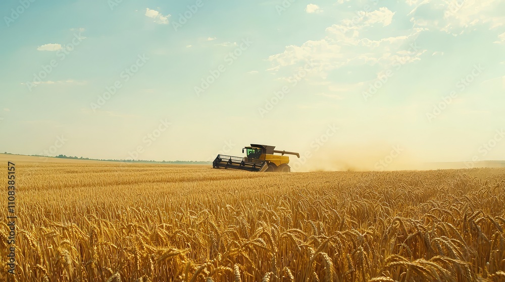 Fototapeta premium Large Scale Agricultural Combine Harvester Operating in Golden Wheat Field Under Clear Sky with Dust Clouds and Sunlight Casting Beautiful Shadows