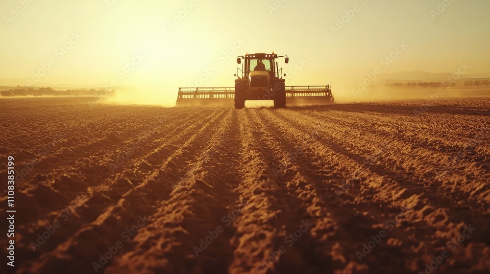 Fototapeta premium Vibrant Sunset Over Large Scale Agricultural Machinery Cultivating Fields and Planting Seeds in Barren Landscape for Efficient Farming Practices