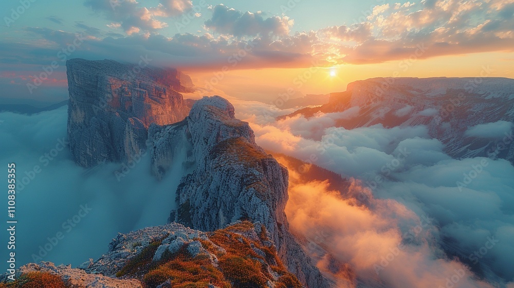 Fototapeta premium 朝日を浴びた静かな山の風景10