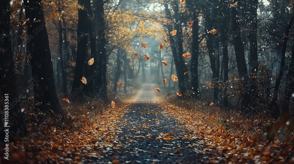 Fototapeta premium Serene Autumn Trail with Leaves Drifting Down in a Quiet Forest Surrounded by Trees and Soft Light Creating a Peaceful Atmosphere for Nature Lovers