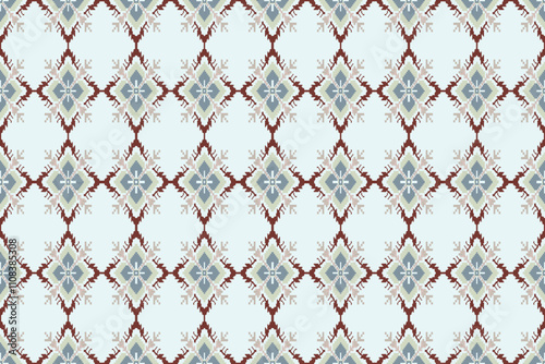 Elegant textile design featuring intricate diamond-shaped patterns with muted tones of blue, brown, and cream, reflecting traditional craftsmanship and cultural artistry