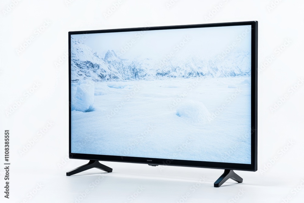 Fototapeta premium Modern flat-screen tv displaying snowy mountain landscape against white background