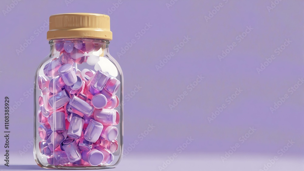 purple capsules inside a sealed bottle on a contrast background, 3D render illustration wide range angle purple capsules inside a sealed bottle on a contrast background, 3D render illustration wide range angle