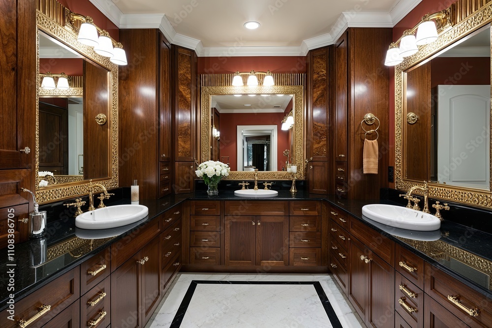 Fototapeta premium Lavish Art Deco Bathroom Design with Walnut Cabinets, Glamorous Sinks, and Decorative Mirrors in a Rich Color Scheme