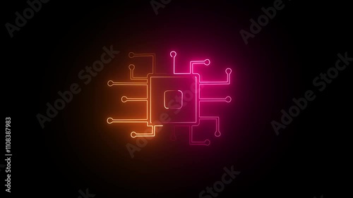 Abstract technology icon animation with glowing neon effect on dark background