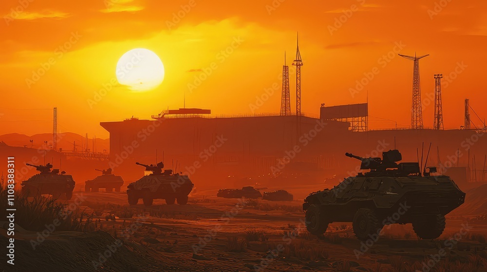 Fototapeta premium Military Base at Sunset with Tanks and Jeeps Parked, Dramatic View of Equipment and Silhouettes Against an Orange Sky