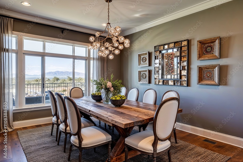 Elegant Dining Room Featuring Reclaimed Wood Table Stylish Side Chairs and Artistic Wall Decor Elegant Dining Room Featuring Reclaimed Wood Table Stylish Side Chairs and Artistic Wall Decor