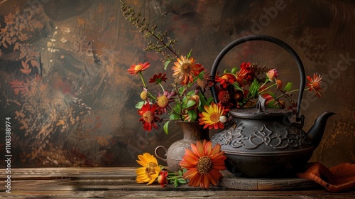 autumn bouquet in iron teapot on wooden table