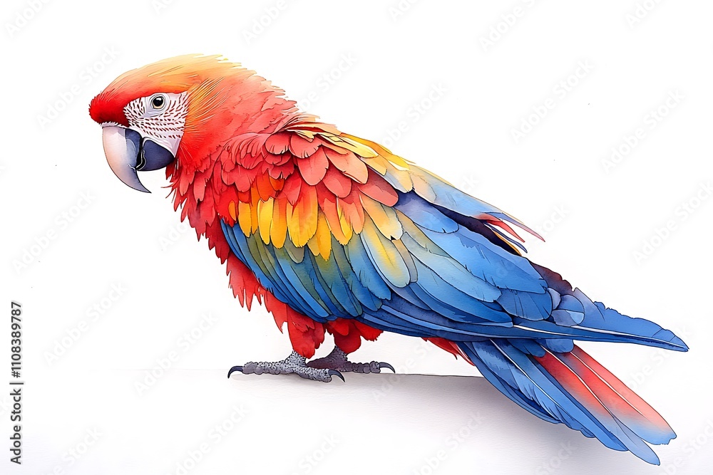Obraz premium Vibrant Scarlet Macaw Parrot in Watercolor Style, Isolated on White Background.