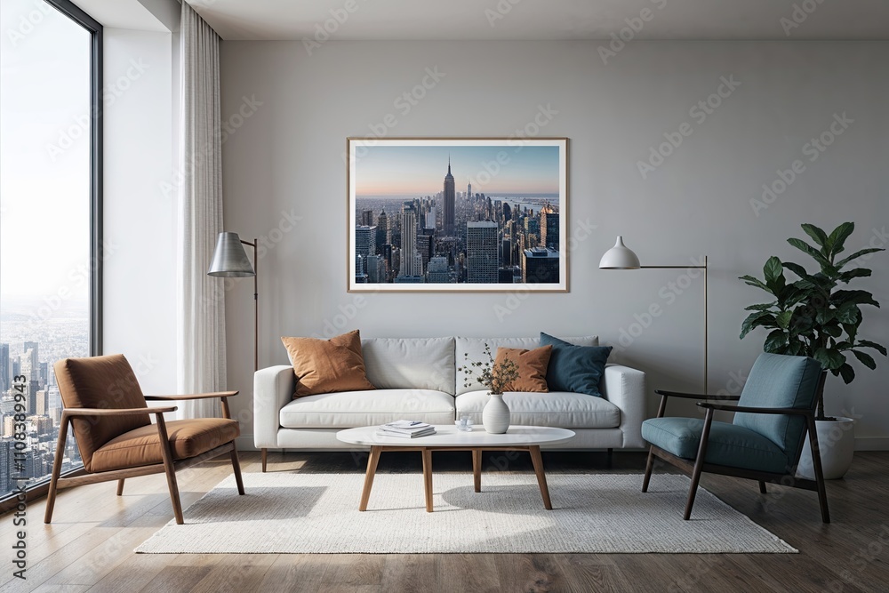Fototapeta premium Minimalist Home Blank Print Mockup with Cityscape Panorama Background