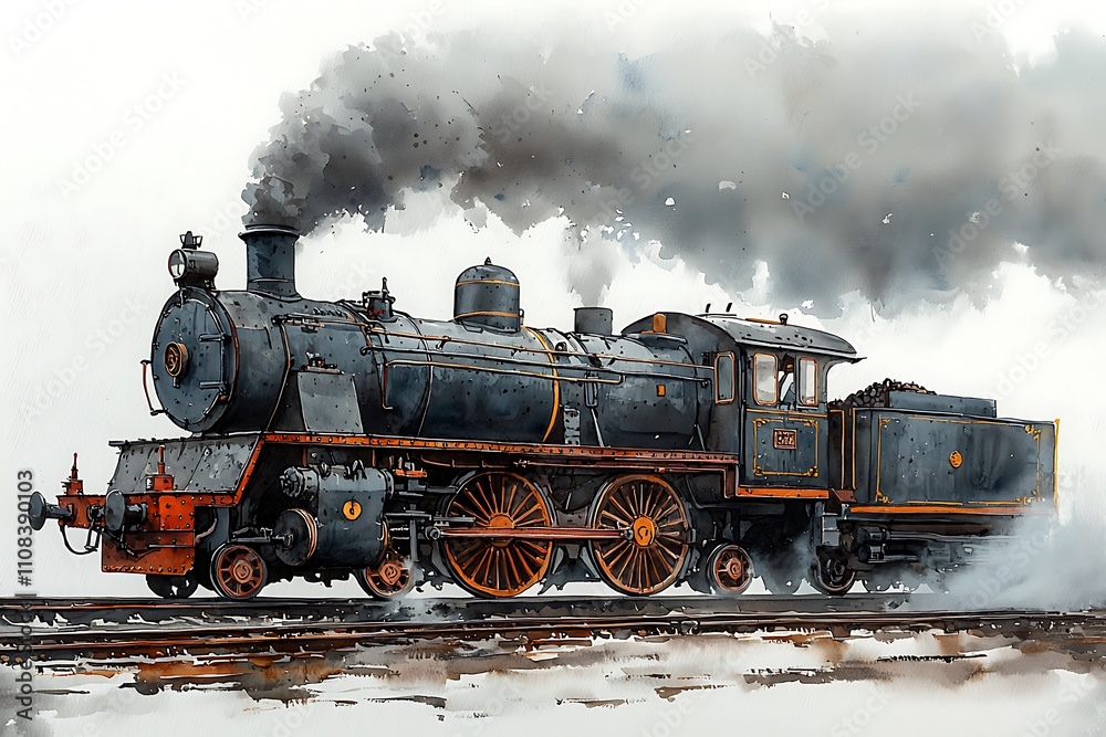 Fototapeta premium A Watercolor Painting of a Vintage Steam Locomotive Chugging Along the Tracks, Billowing Smoke.