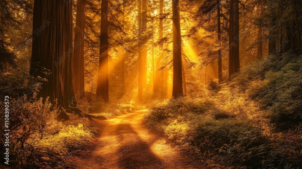 Naklejka premium Sunbeams Illuminate a Path Through a Redwood Forest