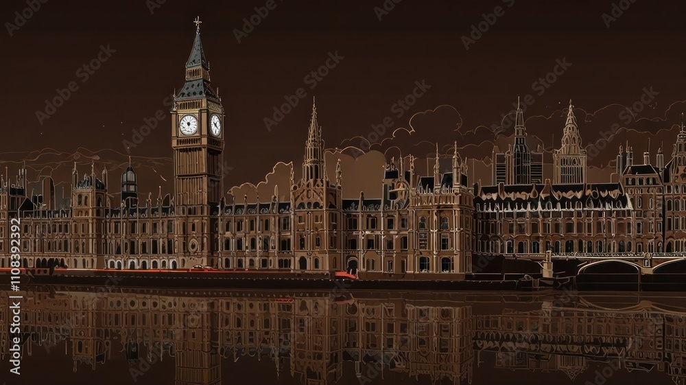 Fototapeta premium Here's a and keyword list for your image.. Night view of London's iconic Houses of Parliament and Big Ben reflected in the Thames.