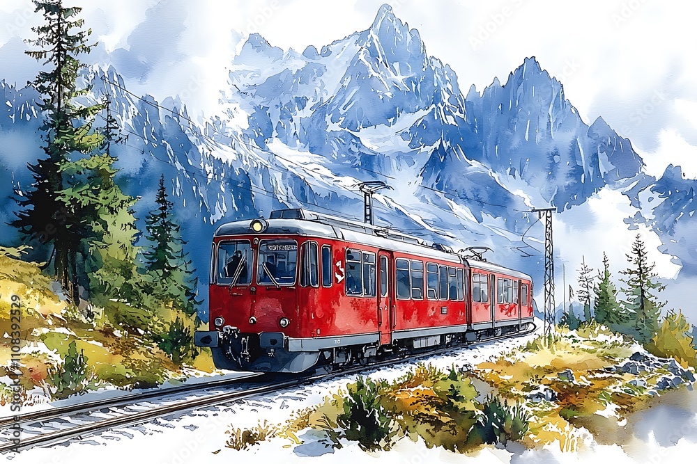 Obraz premium A red train journeys through a breathtaking mountain landscape, painted in a watercolor style.