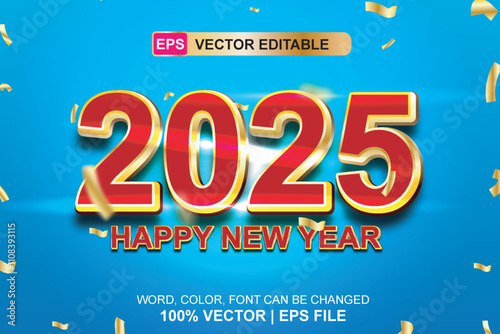 Editable new year 2025 golden text effect with bright gradient colors for banners, posters and social media