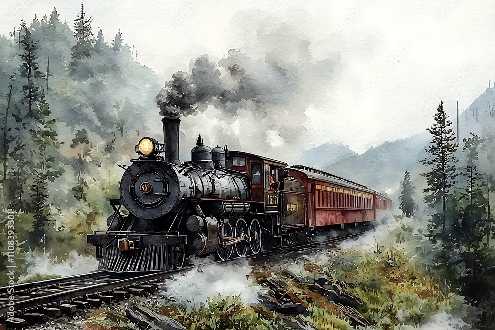 Fototapeta premium A Vintage Steam Train Chugging Through a Misty Mountain Forest.