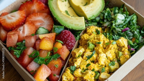 Vegan breakfast box with tofu scramble, avocado toast, and fruit salad, bright and fresh, healthy lifestyle focus, [breakfast box], [vegan friendly]  photo