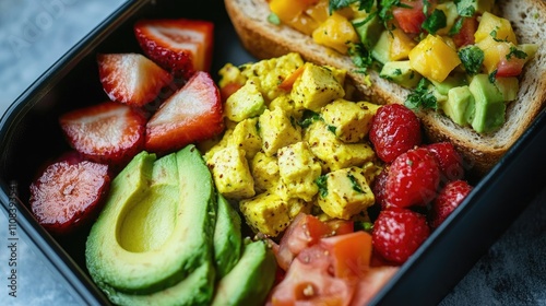 Vegan breakfast box with tofu scramble, avocado toast, and fruit salad, bright and fresh, healthy lifestyle focus, [breakfast box], [vegan friendly]  photo