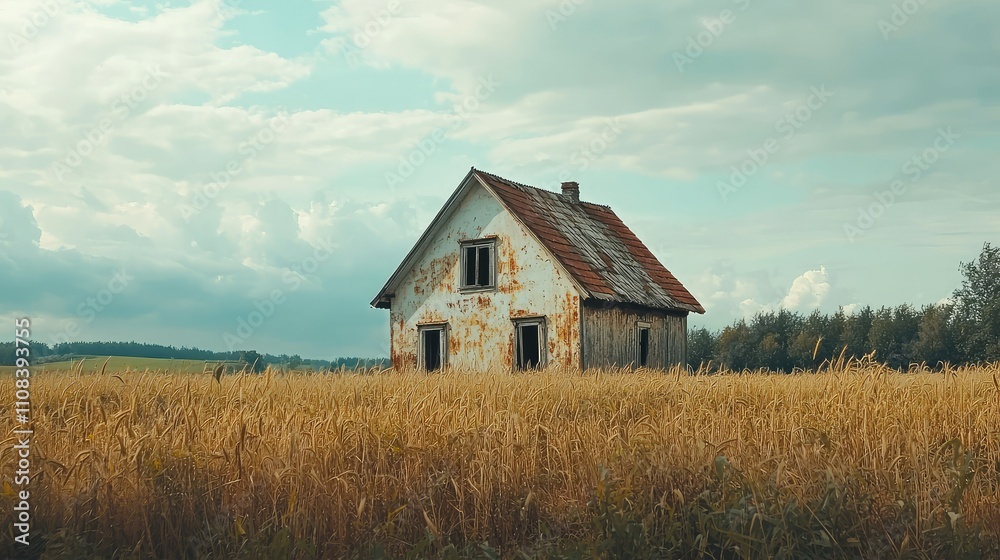 Old and Weathered Farmhouse Surrounded by Golden Fields under a Dramatic Sky, Featuring Peeling Paint and Rustic Charm, Capturing the Essence of Rural Life Old and Weathered Farmhouse Surrounded by Golden Fields under a Dramatic Sky, Featuring Peeling Paint and Rustic Charm, Capturing the Essence of Rural Life