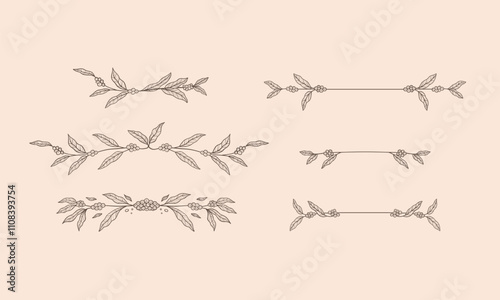set coffee plant border frame, coffee plant leaves text divider decoration vector hand drawn