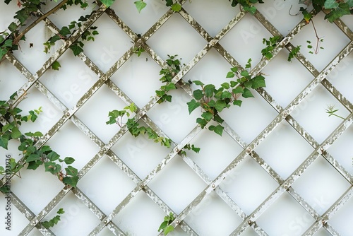 A close-up of a lattice trellis with green ivy vines growing against a white wall, creating a natural and serene garden scene.