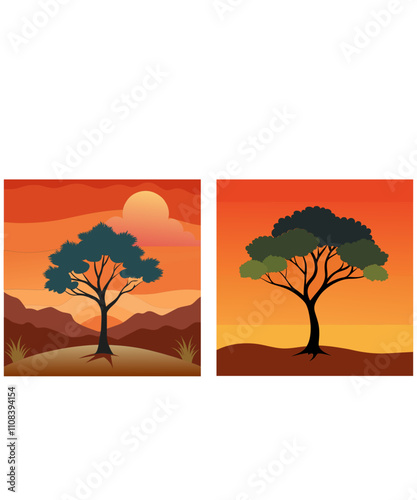 lone tree against an orange sky vector illustration