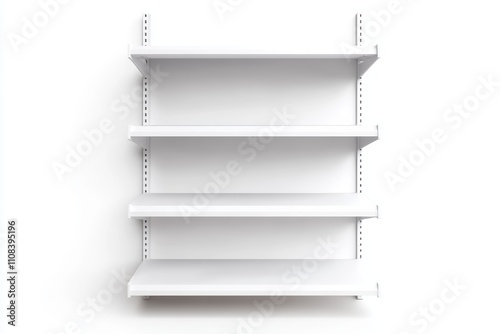 Minimalist white wall-mounted shelving unit with four adjustable shelves photo