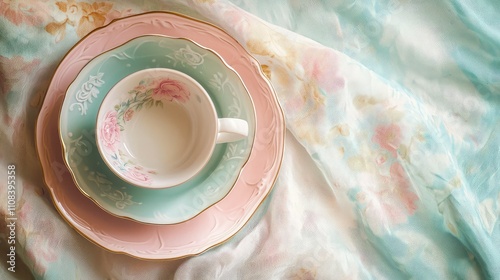 Elegant Porcelain Dishware in Soft Pastel Colors, Featuring Floral Designs, Perfectly Arranged for a Serene Dining Experience or Beautiful Table Setting photo