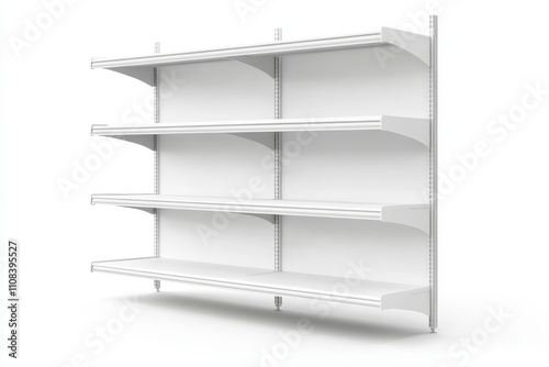 White wall-mounted adjustable metal shelving unit with three tiers photo