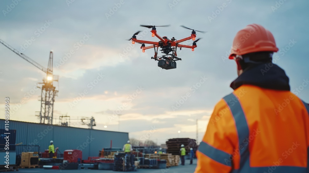 Fototapeta premium A Professional Worker Observes a Heavy-Duty Drone Lifting Cargo at a Busy Industrial Site During Sunset's Golden Hour