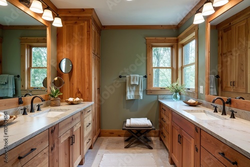 Sophisticated Nature Inspired Bathroom Featuring Cedar Cabinets and Dual Vanities in a Tranquil Color Scheme photo