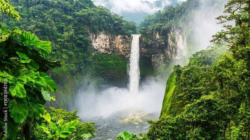 Fototapeta premium Majestic Waterfall Cascading Down Rugged Cliff Surrounded by Lush Greenery and Enveloping Mist in a Serene Natural Landscape