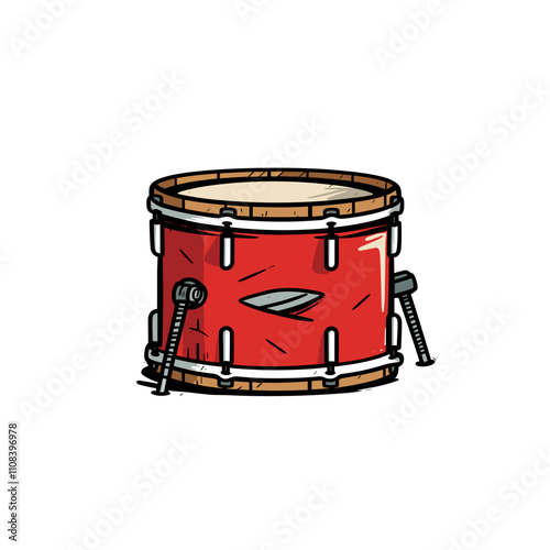 Bright red drum with wooden features and shiny hardware on a plain background