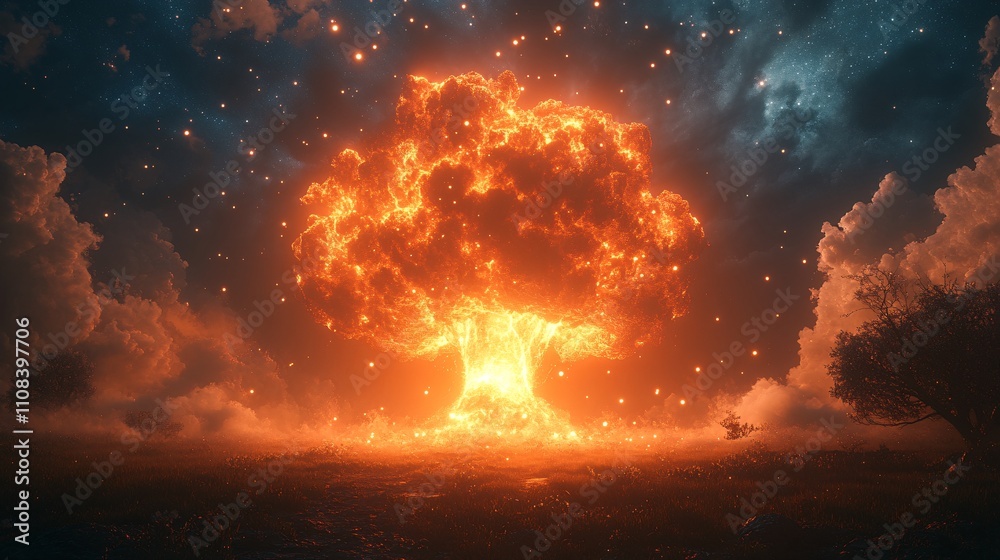 Obraz premium Surreal Fiery Mushroom Cloud Against Night Sky