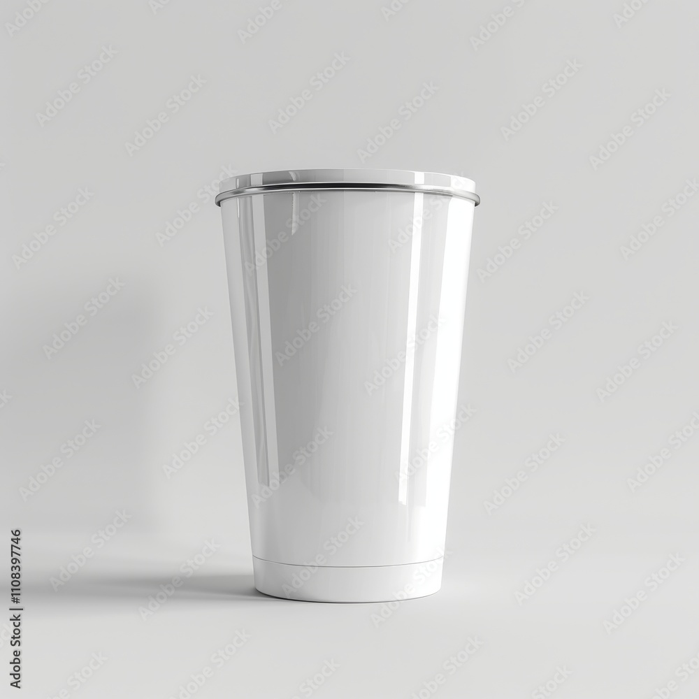 A white disposable cup with a silver rim stands on a plain white background. A white disposable cup with a silver rim stands on a plain white background.