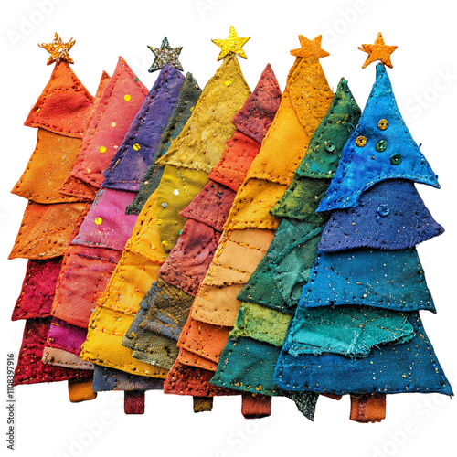 Colorful Upcycled fabric Christmas cards Isolated On Transparent Background 