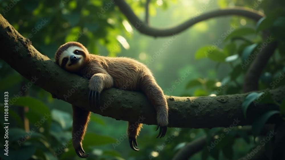 A sloth rests lazily on a tree branch, its body relaxed and limbs hanging loosely. The vibrant green rainforest provides a tranquil backdrop, with soft light filtering through the leaves. A sloth rests lazily on a tree branch, its body relaxed and limbs hanging loosely. The vibrant green rainforest provides a tranquil backdrop, with soft light filtering through the leaves.