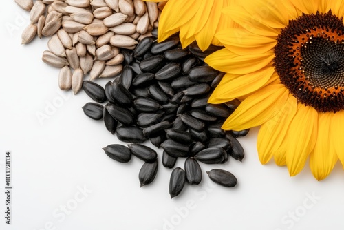 Sunflower with seeds: yellow petals and black kernels on white background photo