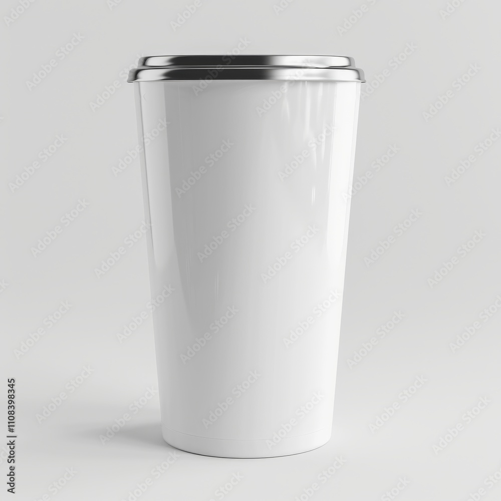 A white to-go cup with a silver lid, isolated on a white background. A white to-go cup with a silver lid, isolated on a white background.