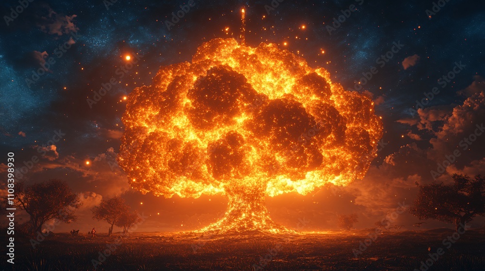 Obraz premium Explosive Mushroom Cloud Against Dark Sky