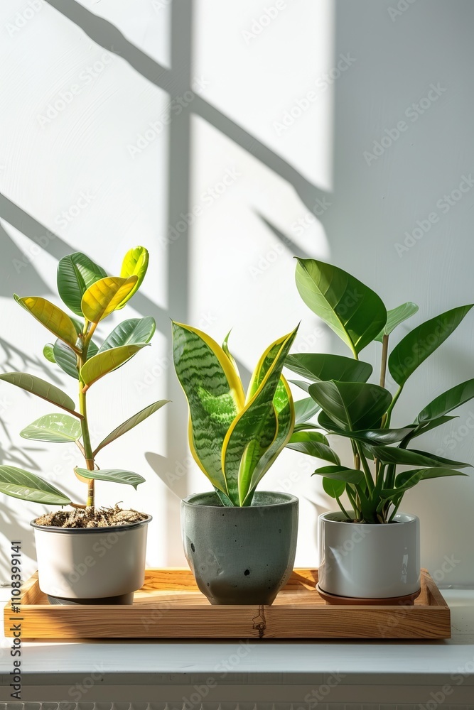 Fototapeta premium Three potted houseplants on a wooden tray, placed in a sunlit room with white walls and shadows.