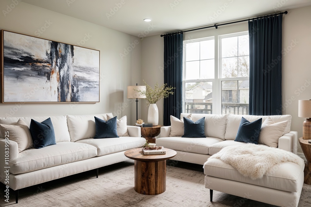 Fototapeta premium Modern Cozy Living Room Design with Plush White Sofas Wooden Side Table and Abstract Art