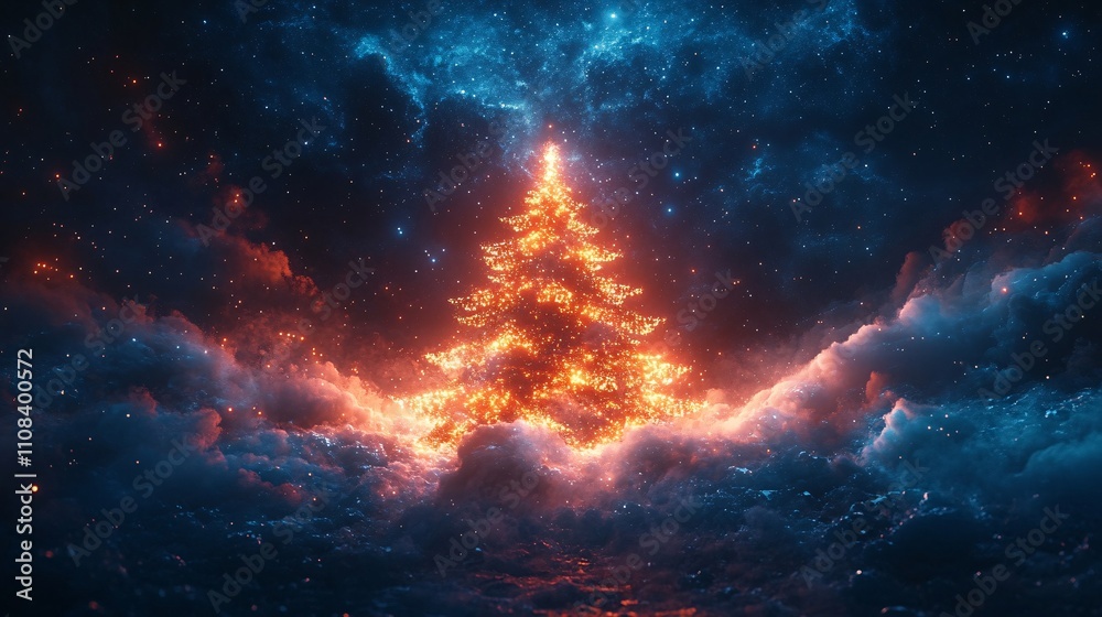 Naklejka premium Magical Christmas Tree in Colorful Cloudscape